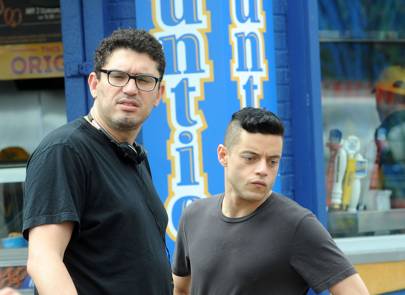 Actor Rami Malek with director Sam Esmail are seen on the set of 'Mr. Robot' in Coney Island on June 16, 2016 in New York City