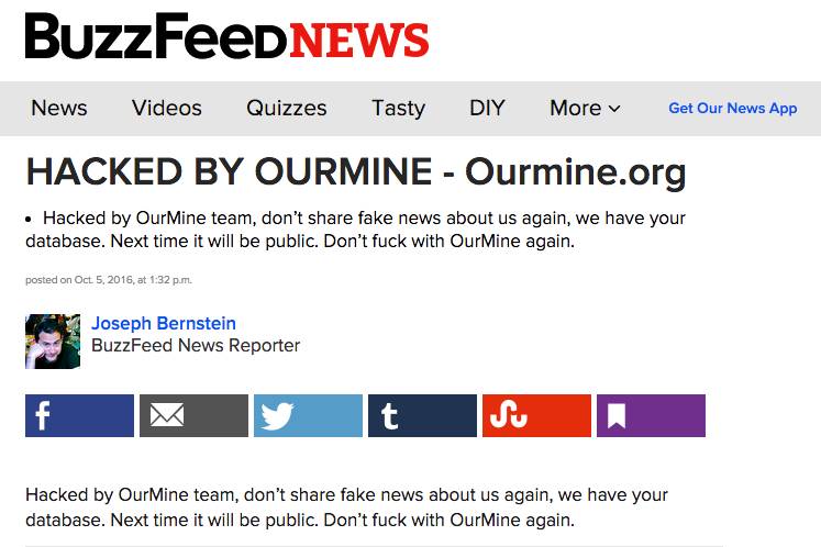 OurMine hacks BuzzFeed over claims it shared 'fake news'