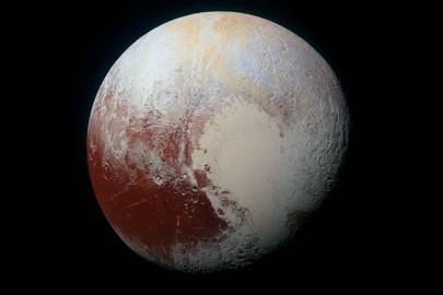 A high-resolution enhanced colour image of Pluto captured on 14 July 2015. Blues, yellows, oranges and reds combine on the dwarf planet's complex surface. The image reveals details on scales as small as 0.8 miles (1.3km)