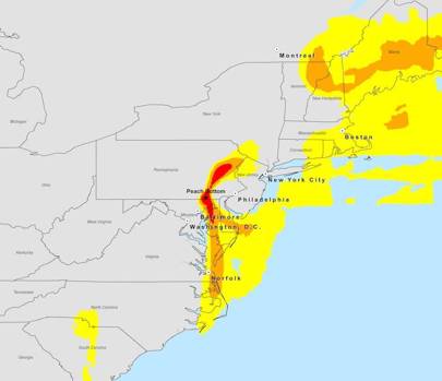 Based on guidance from the US Environmental Protection Agency and the experience from the Chernobyl and Fukushima accidents populations in the red and orange areas would have to be relocated for many years and many in the yellow area would relocate volu