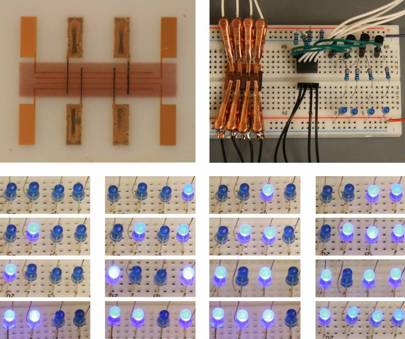 The material (top left) was printed and used to control a circuit of LEDs